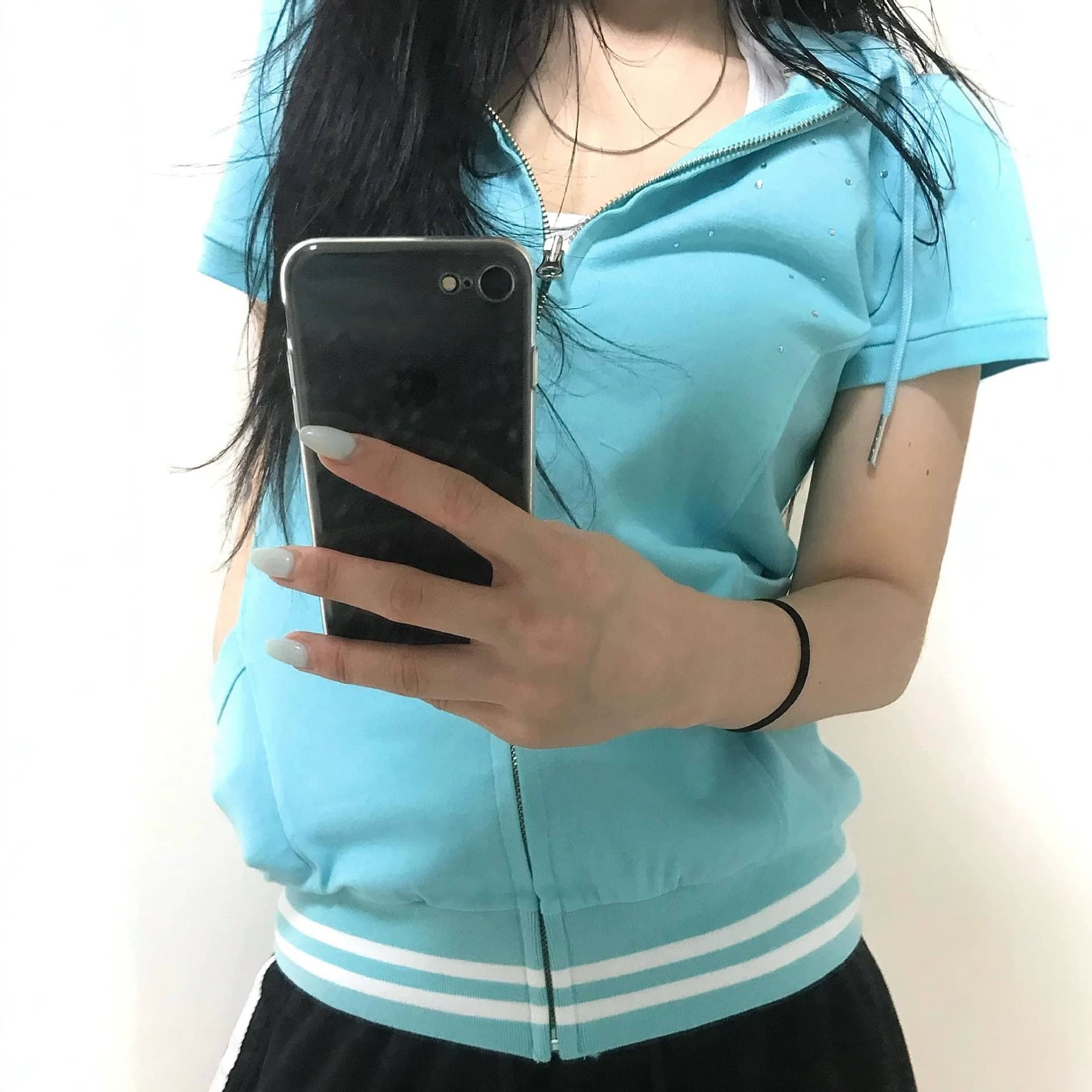 Y2K Women Vintage Top Blue Rhinestone Zip Hoodie Women Summer New Ins Hot Girl Slim Short Zip Top