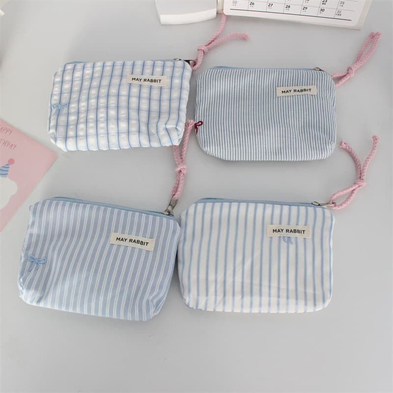 Small Fresh Blue Striped Storage Pouch, Portable Coin and Key Pouch, Women's On-The-Go Lipstick Makeup Bag Trendy