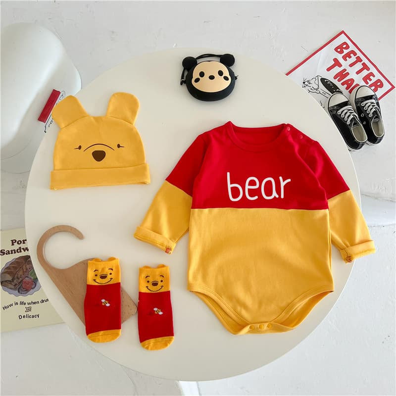 Yellow Cartoon Bear Combed Cotton Baby Romper Suit with Hat 0-2 Years Old Spring Autumn Triangle Bottom Feeding Clothes