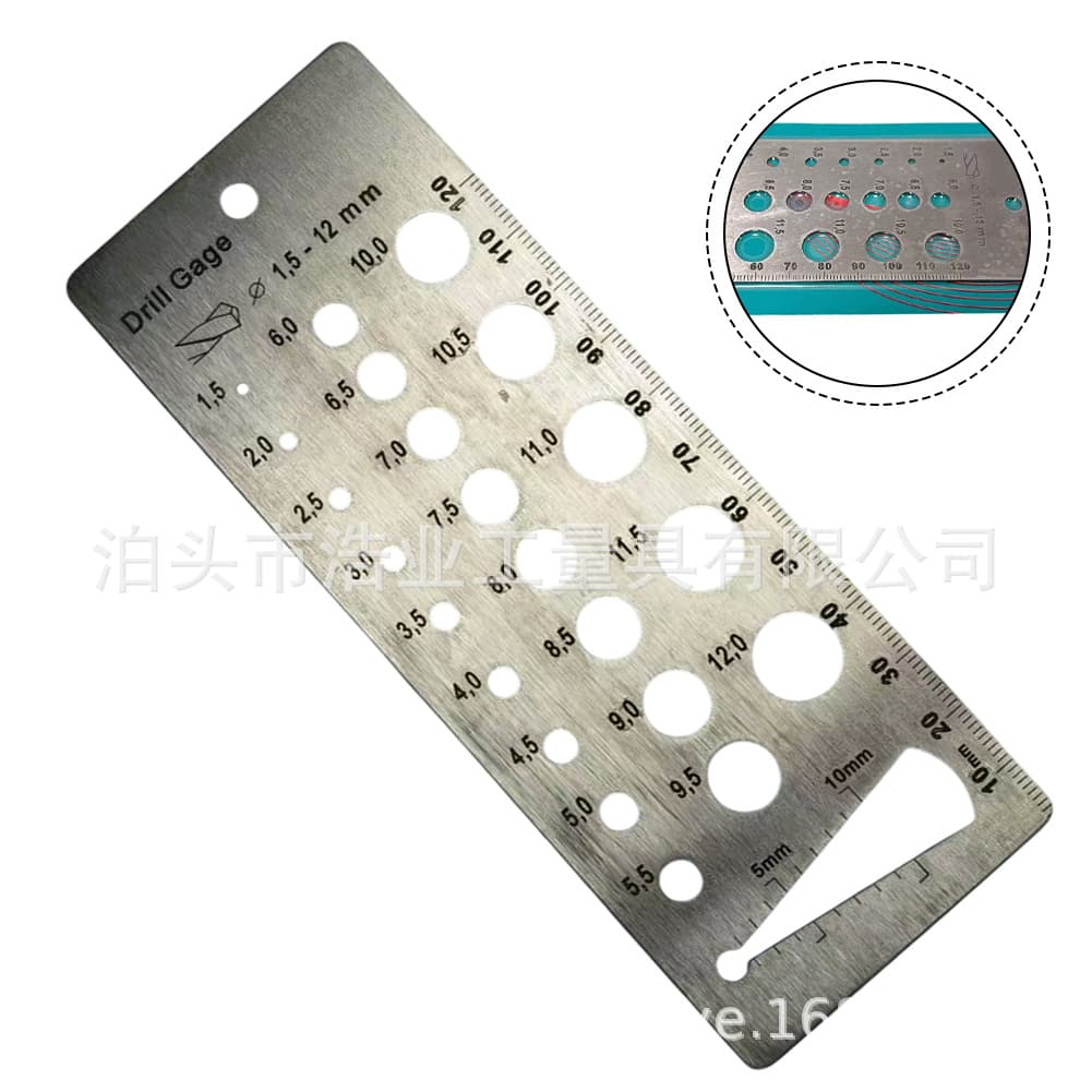 Drill Gage 3-in-1 Scale Ruler Hole Gauge 1.5-12mm Metric Drill Bit Caliper Stainless Steel Drill Bit Gauge