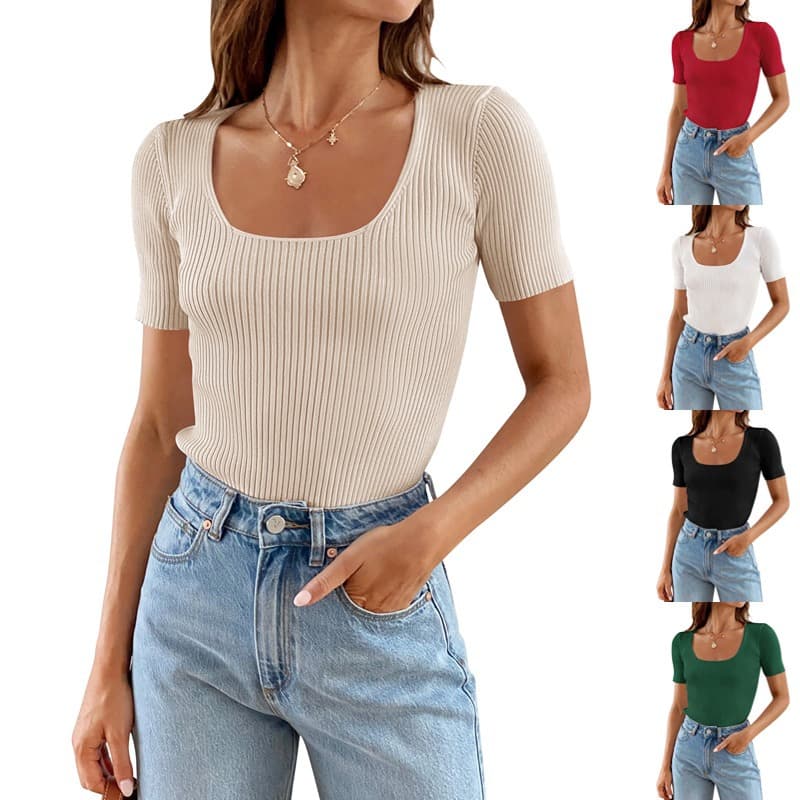 Women's Short-Sleeve Square Neck T-Shirt 2024 Summer Slim Fit Ribbed Knit Casual Tee for Cross-Border Amazon
