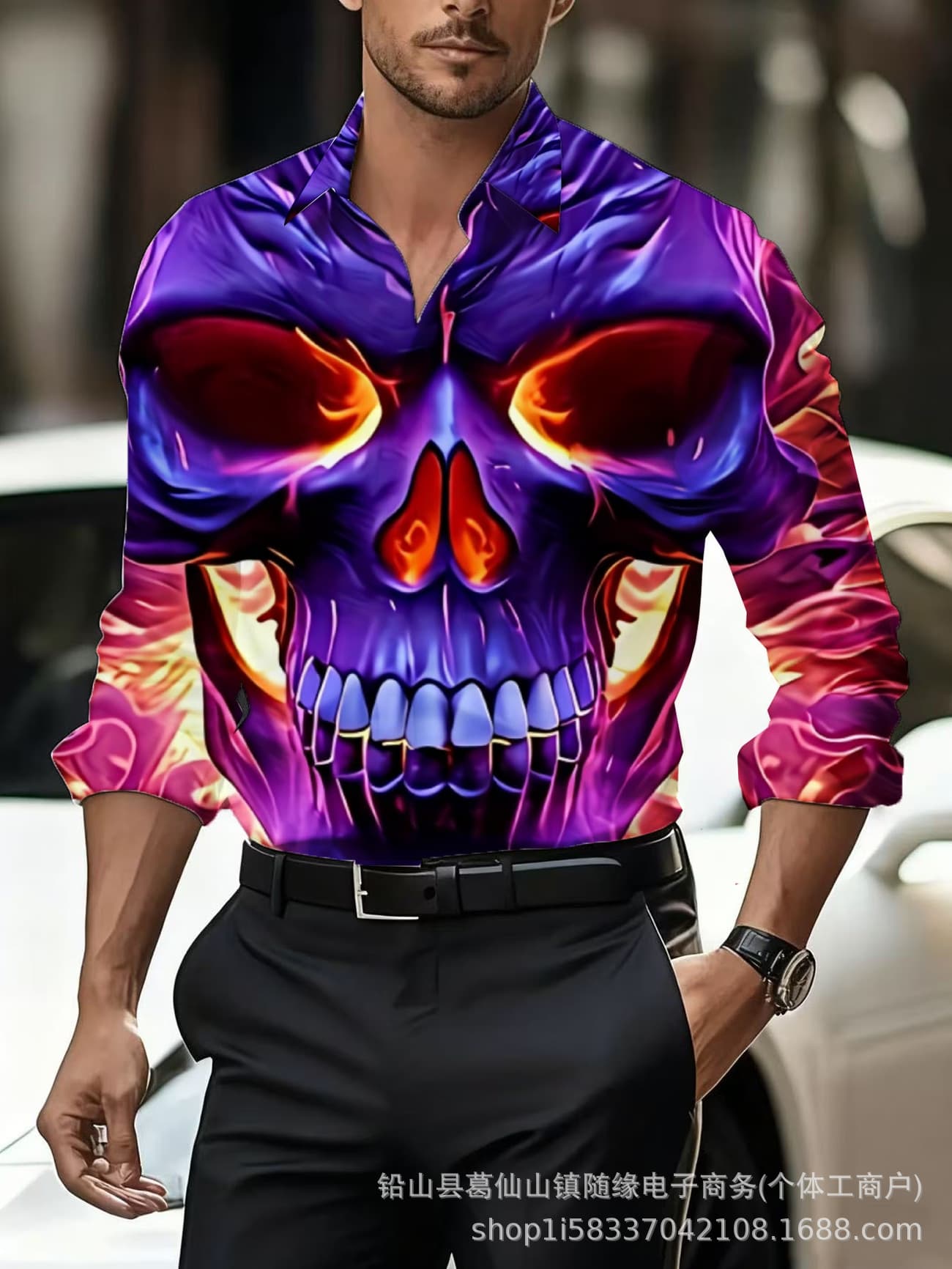 2026 Rock Style Skull Guitar Print Stand Collar Long Sleeve Shirt Orange Texture Punk Band Men's Shirt