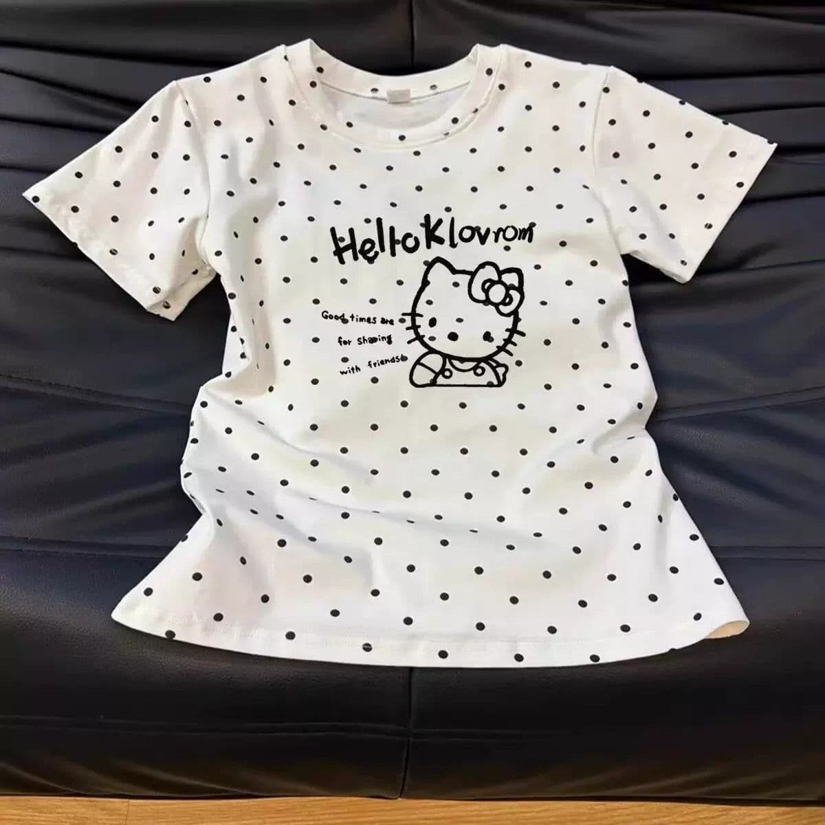 Children's Polka Dot Hello Kitty Short Sleeve T-Shirt for Girls Summer Cartoon Print Top Cute Versatile Base Layer
