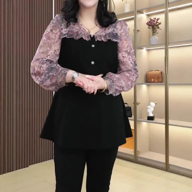 2025 Spring/Summer Fashion Chiffon Lace Booming Livestream Item Influencer Outfit High-End Shirt for Plus-Size Women (Up to 240 lbs)