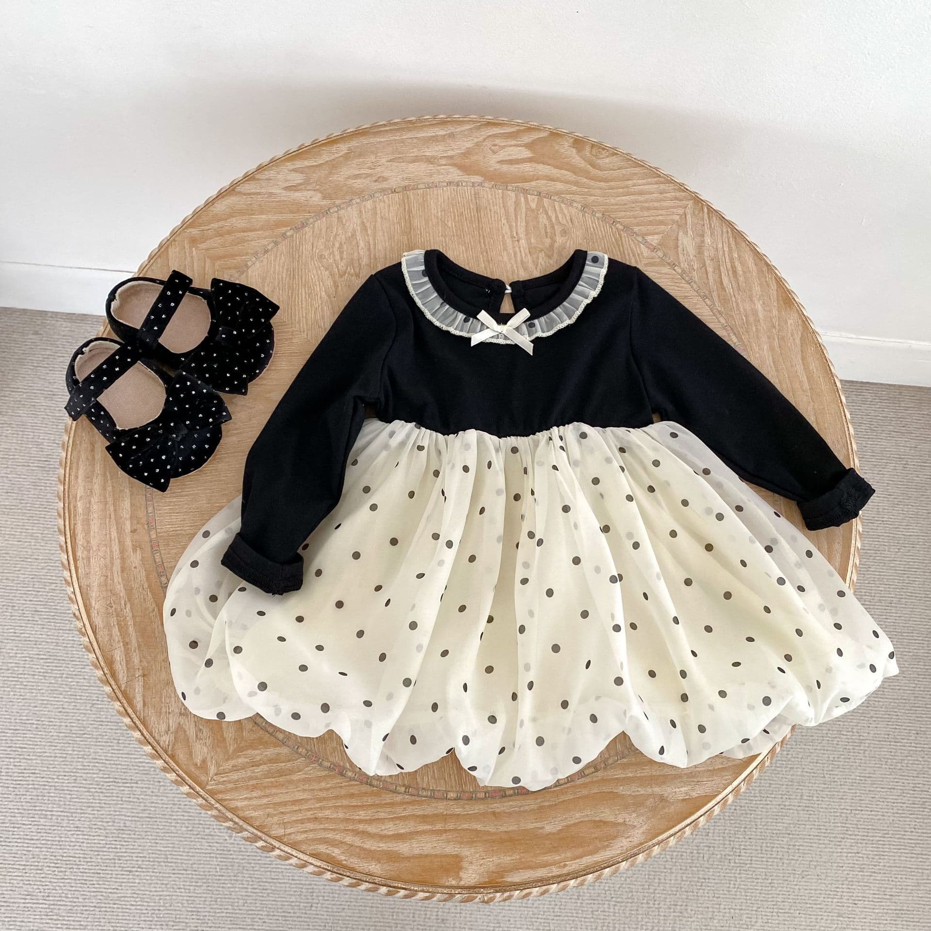 2026 Spring and Autumn Baby Girl Polka Dot Dress Little and Middle-aged Children Long Sleeve Flower Dress Western Style Princess Dress First Year Ceremony Dress