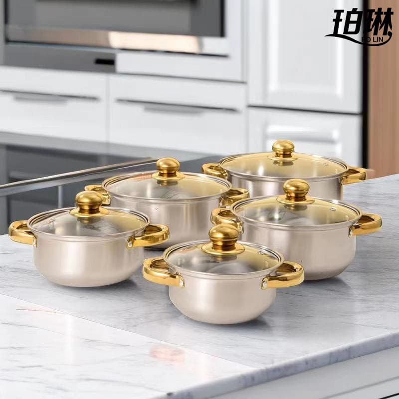 Cross-border Supply Export Stainless Steel Double-Handled Soup Pot Set 5-Piece/10PCS Set, Universal for Induction Cooktops