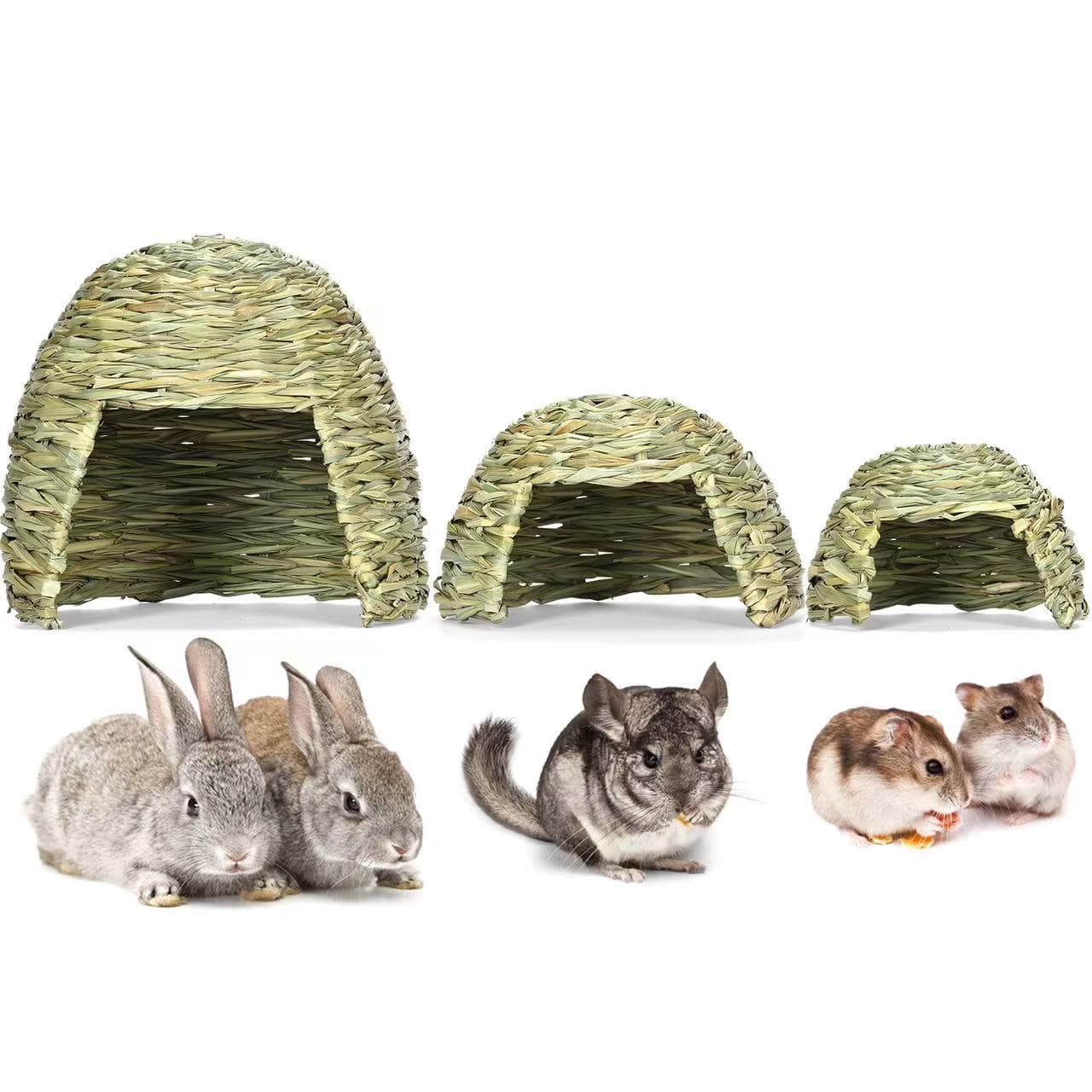 Exotic Pet Straw House Set - Handmade Straw Woven Rabbit Nest for Rabbits, Chinchillas, Hamsters, Hedgehogs, and Guinea Pigs - Warm and Cozy