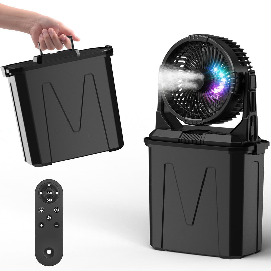 Portable outdoor remote control misting fan, can add water and ice, camping electric fan, super long battery life, RGB fan light, 10L.