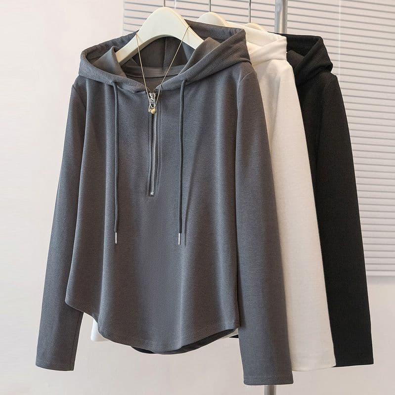 Plus Size Women's Spring and Autumn Hooded Long-Sleeved T-Shirt, Korean Style, Loose Fit, Slimming, Thin Sweatshirt Top