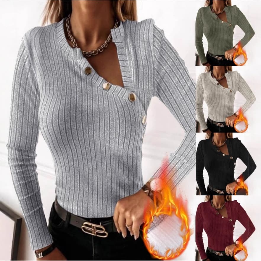 2024 Independent Site Wish Amazon Bestseller Autumn Fashion Long Sleeve V-Neck Metal Button Decoration Top T-Shirt for Women