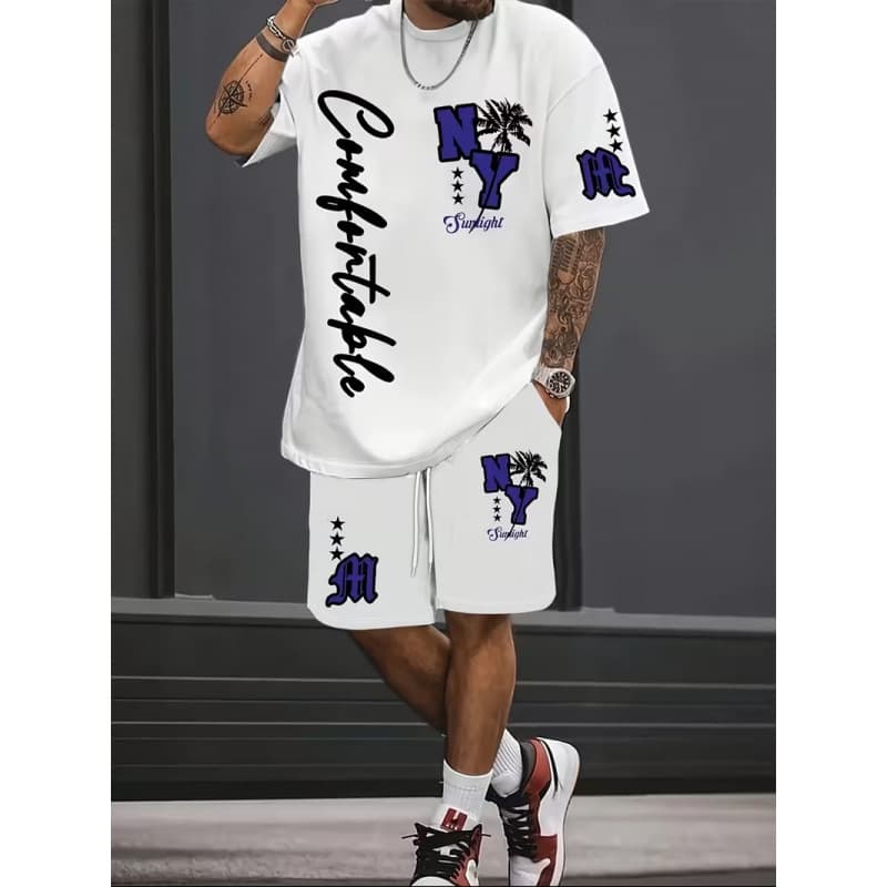 2026 cross-border summer men's 3D printed short-sleeved suit American retro loose casual T-shirt shorts two-piece set