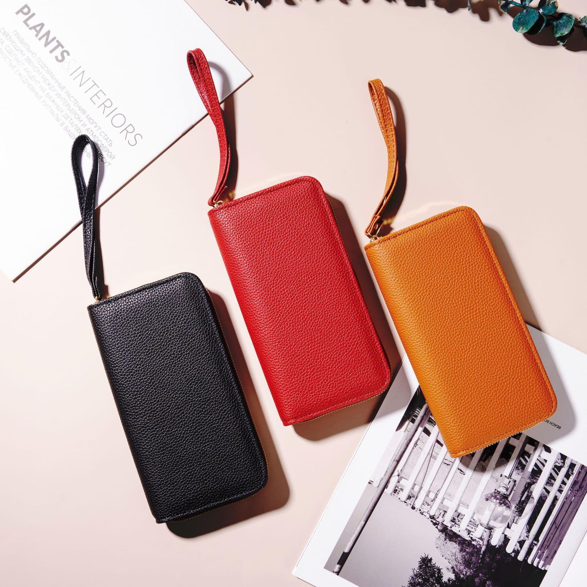 Genuine leather lucky yellow wallet card bag integrated single zipper mobile phone bag men and women clutch bag mom simple wrist bag