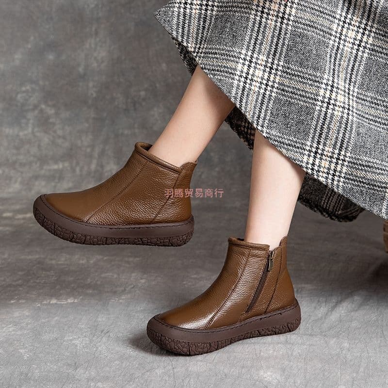 2025 Autumn/Winter New Style Genuine Leather Wool Warm Lightweight Comfortable High-Top Retro New Chinese Women's Shoes