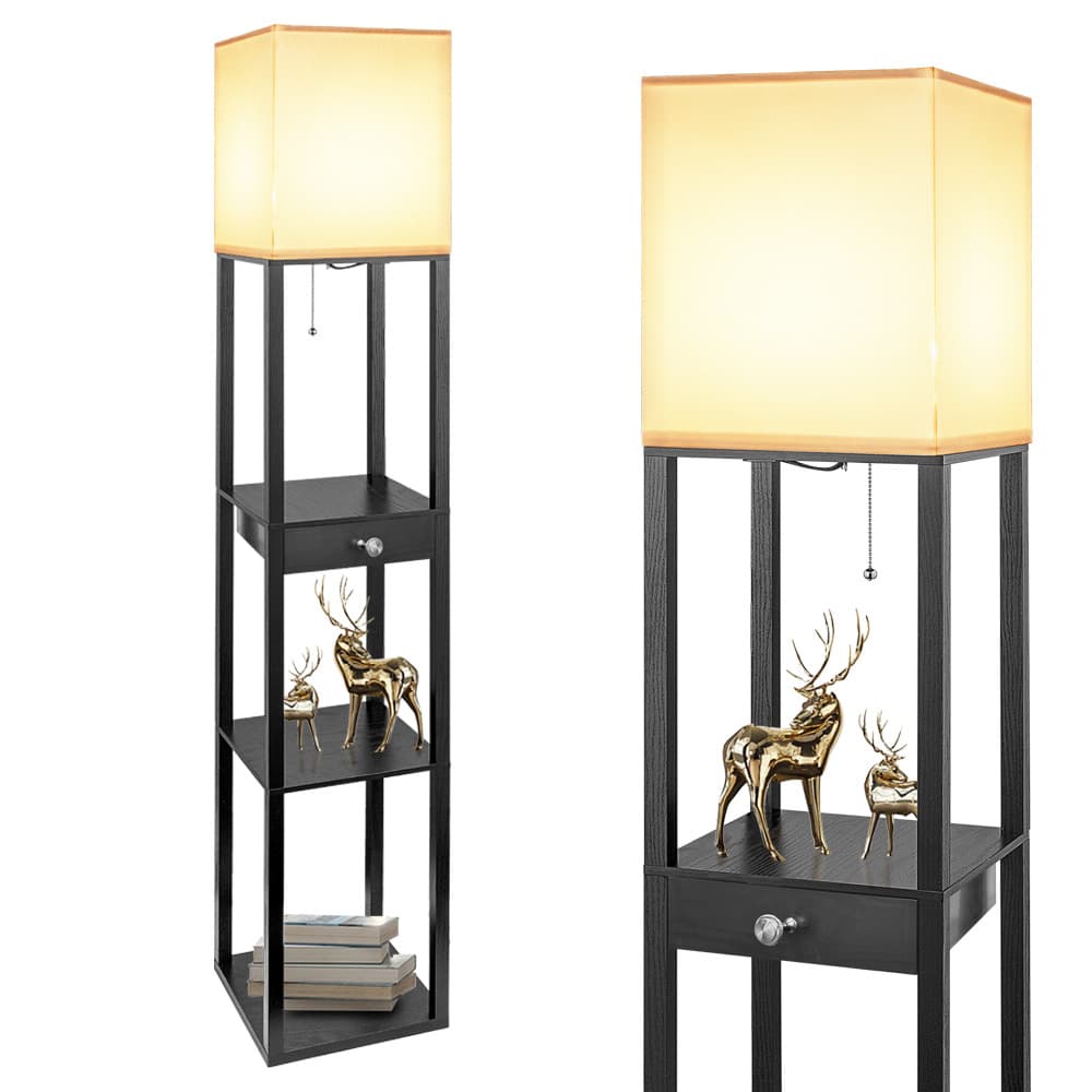 Fabric Floor Lamp with Drawer Shelf Bookcase Floor Lamp Zipper Switch Square Black Wood Floor Lamp