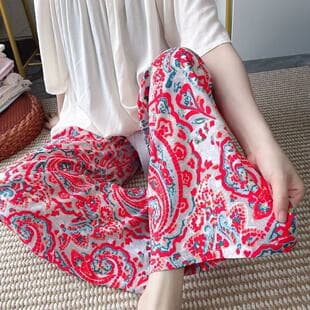 Cotton Silk Pajama Pants for Women, Summer New Cropped High-Waist Wide Leg Pants, Internet Celebrity Hot Style, Spring Autumn Wearable Outside, Plus Size Beach Pants