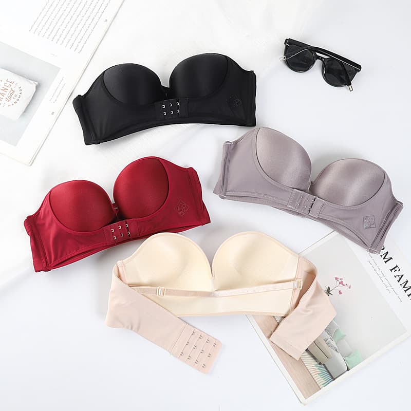 QQ Sugar Strapless Non-Slip Invisible Bra for Women, Wire-Free Front Closure Push-Up Adjustable Breathable Off-Shoulder Backless Lingerie