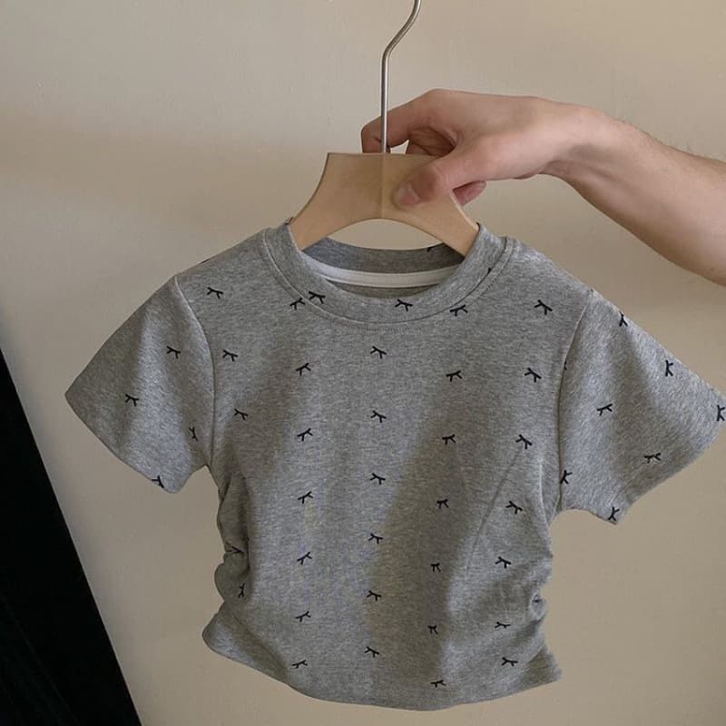 Girls' sweet and spicy bow printed short-sleeved T-shirt 2025 summer new baby girl simple niche versatile top