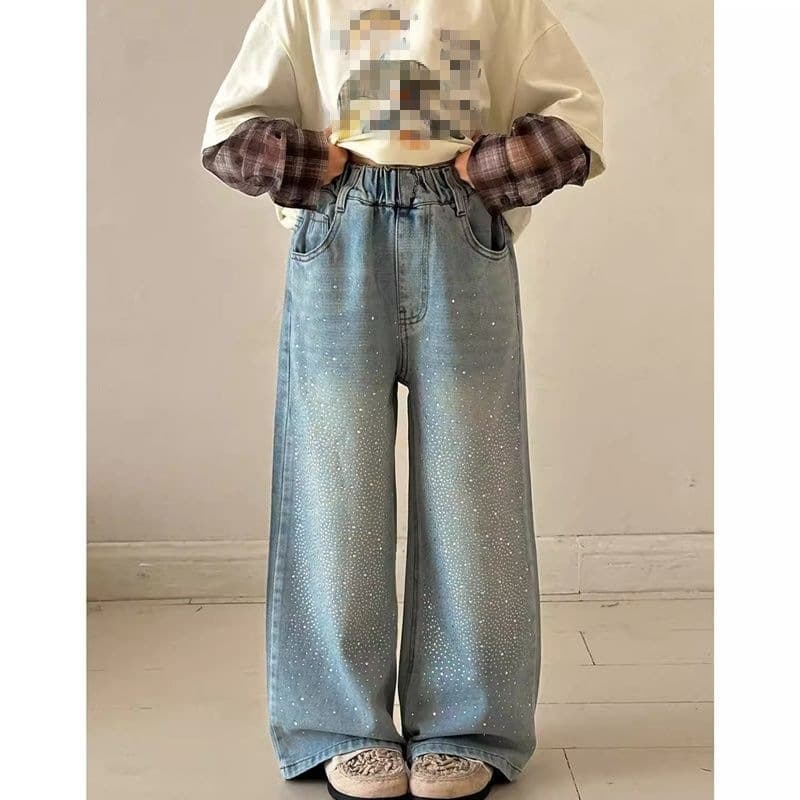 Girls' thin jeans, medium and large children's spring and autumn straight-leg pants, hot diamond wide-leg pants, children's clothing, Internet celebrity gradient pants