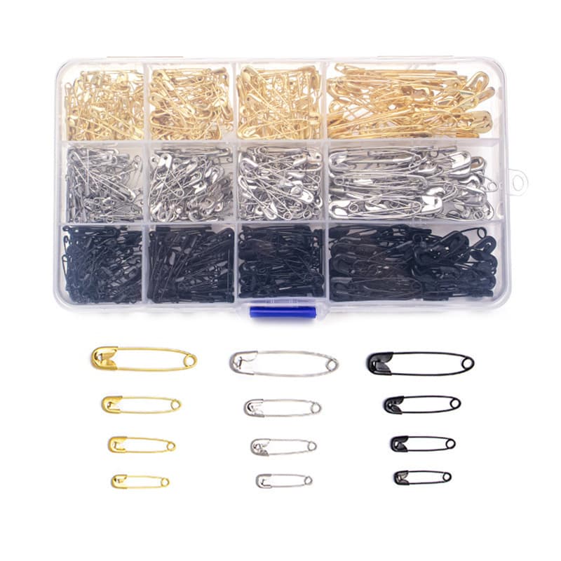 Cross-border 12-grid multi-spec safety pins, 540 pieces boxed in silver, gold, and black, DIY decorative pin set