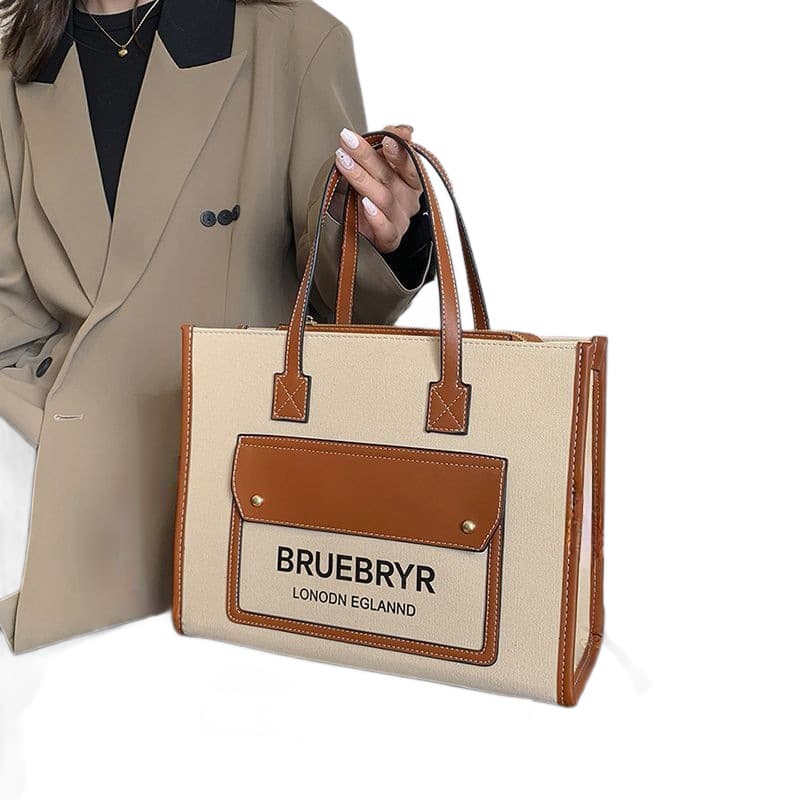 New Cross-border Large-capacity Canvas Tote Bag Fashion Color-block Leather Shoulder Crossbody Bag Casual Tote