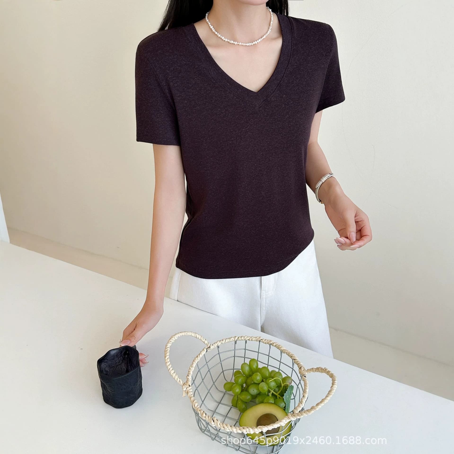 TMZE｜Lyocell Linen V-Neck Short Sleeve T-Shirt with Regular Shoulder, Versatile and Flattering Women's Basic Top, Source Direct