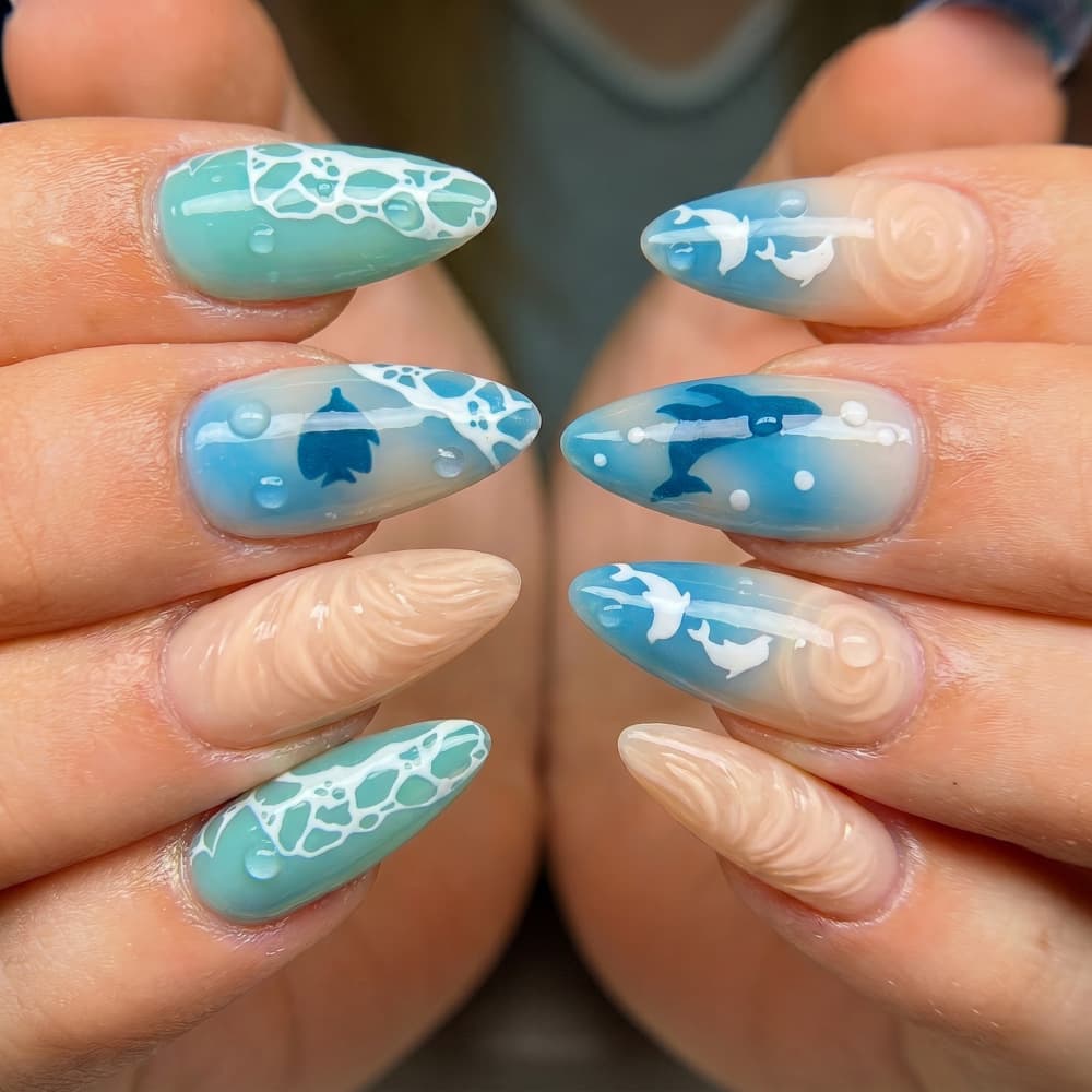Ocean Gradient Almond Nails Wearable Nails Smudged 3D Bubble Glue Wave Fake Nails Summer Beach Manicure EP28
