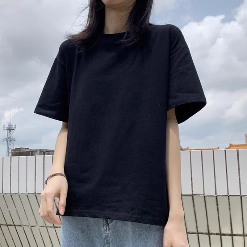 2026 Summer New European Style Black Short-Sleeved T-Shirt for Women, Loose Fit, Pure Cotton, Round Neck, Casual, Versatile, Solid Color Top