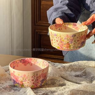 Blossoming Flowers 4.5-Inch Bowl - In-Glaze Color, Ins Style Dinnerware, High-Foot Rice Bowl, Noodle Bowl, Ceramic Rice Soup Bowl