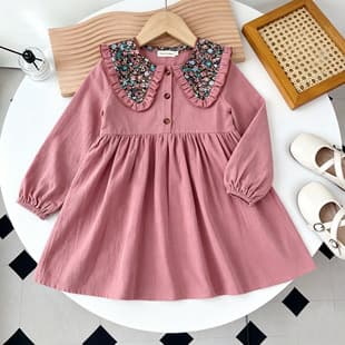 Korean Style Girls Long Sleeve Dress Spring/Autumn Cotton Doll Collar Princess Dress European and American Hot Selling Cross-Border