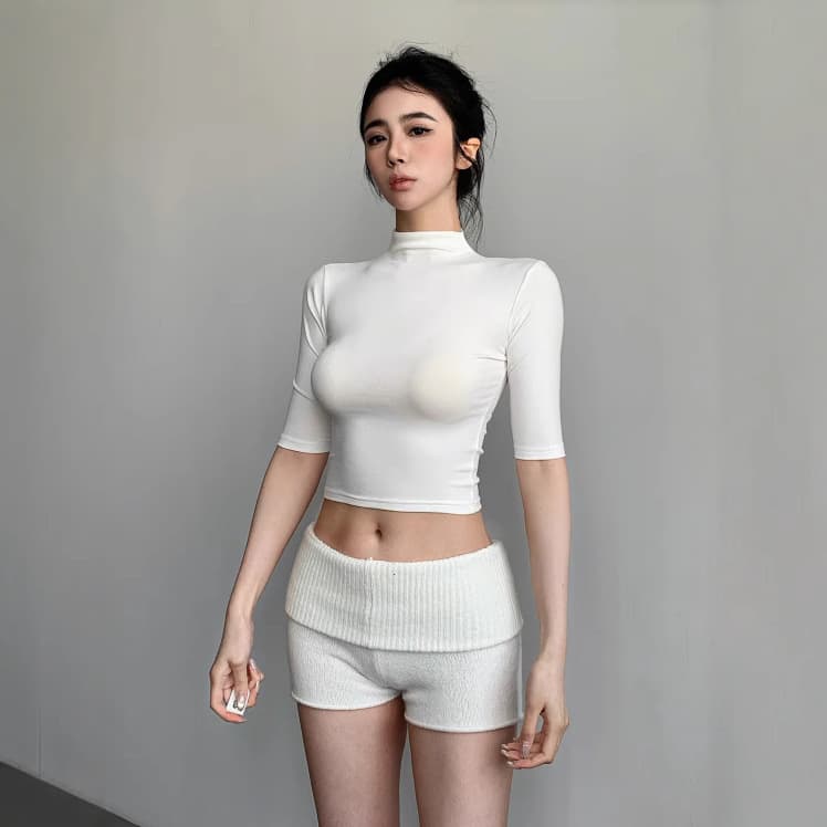 Ins Pure and Sexy Half High Neck Mid-Sleeve Cropped T-Shirt for Women, New Sexy Fitted Tight Top
