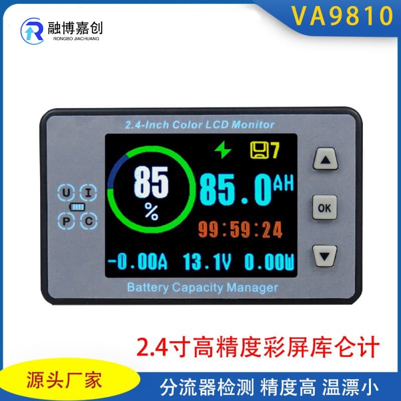 VA9810 2.4-inch High-Precision Color Screen Bluetooth Voltage Current Capacity Meter for Electric Vehicles and RVs Battery Coulomb Meter