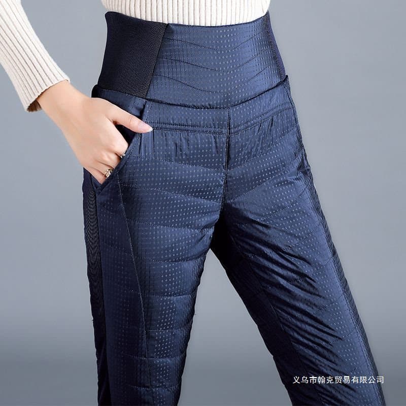 Women's winter down pants, high-waisted, thickened, slimming, white duck down, plus size, double-sided fleece lining, warm and slimming cotton pants.