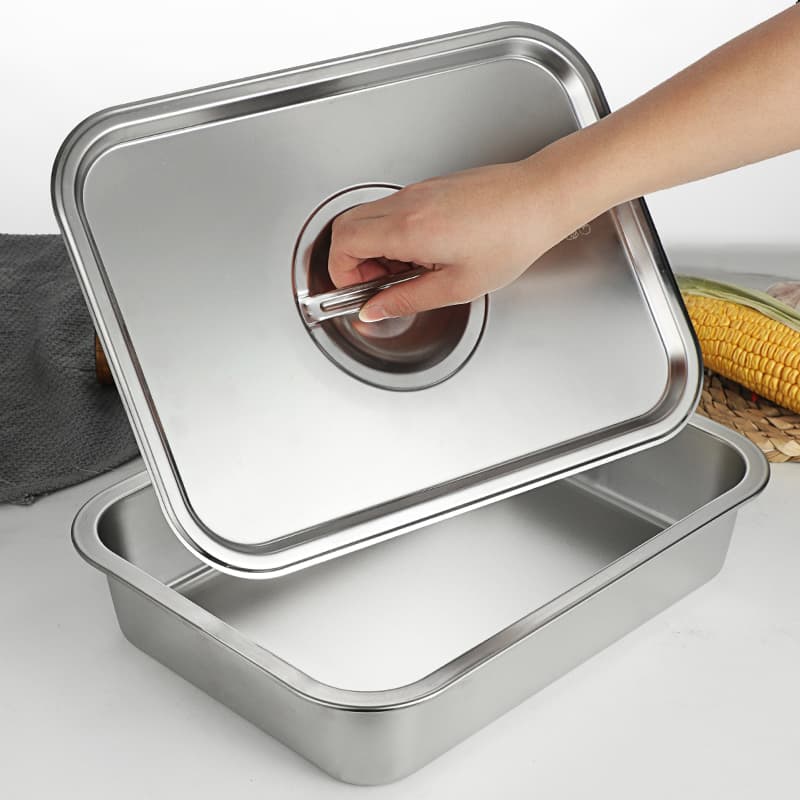 Stainless Steel Rectangular Tray Flat Pan Square Basin with Lid Commercial Deep Vegetable Pan Square Tray BBQ Pan Thickened Square Basin
