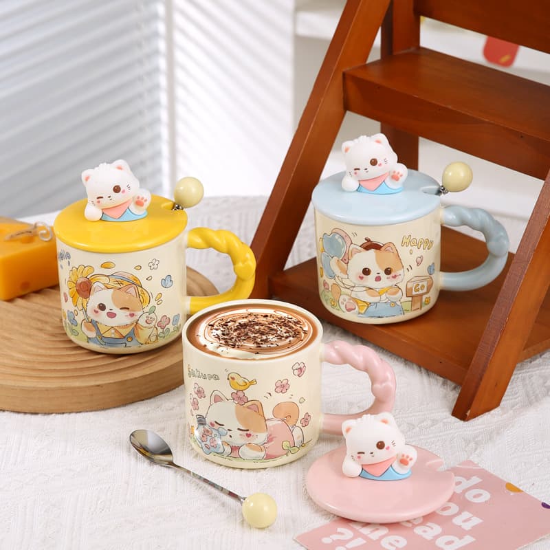 Ceramic Mug Creative Cartoon Cat Mug with Lid and Spoon High Appearance Couple Coffee Cup Gift Breakfast Water Cup