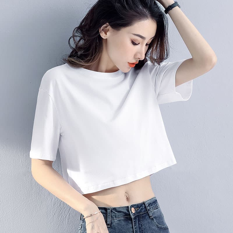 Loose Cotton Short Sleeve T-Shirt Women Summer High Waist Bared Belly Fashion Top White Half Sleeve Round Neck Sweatshirt
