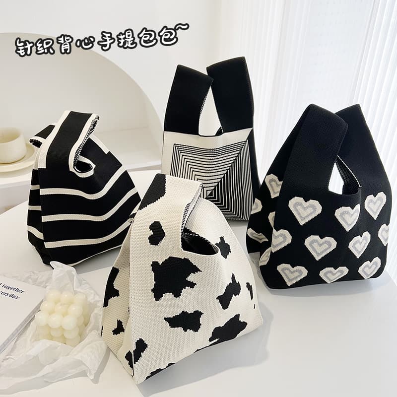 Casual Knit Vest Bag Handbag Shoulder Bag Checkered Contrast Color Korean Light Luxury Style Handbag