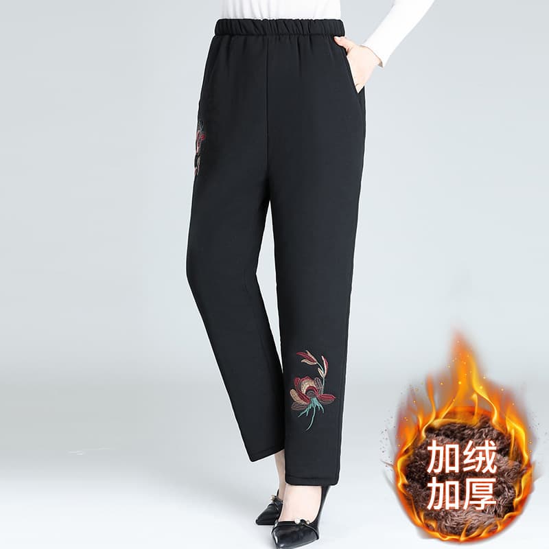 Elderly Fleece-Lined Thick Sherpa Pants Grandma Warm Embroidered Cotton Pants Mom Winter Three-Layer Quilted Trousers