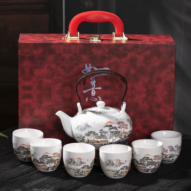 Ceramic Tea Set, Marrowfat Jade Lift-Handle Teapot, Large Capacity, Pure White High-End Porcelain Teacups, Home & Business Gift