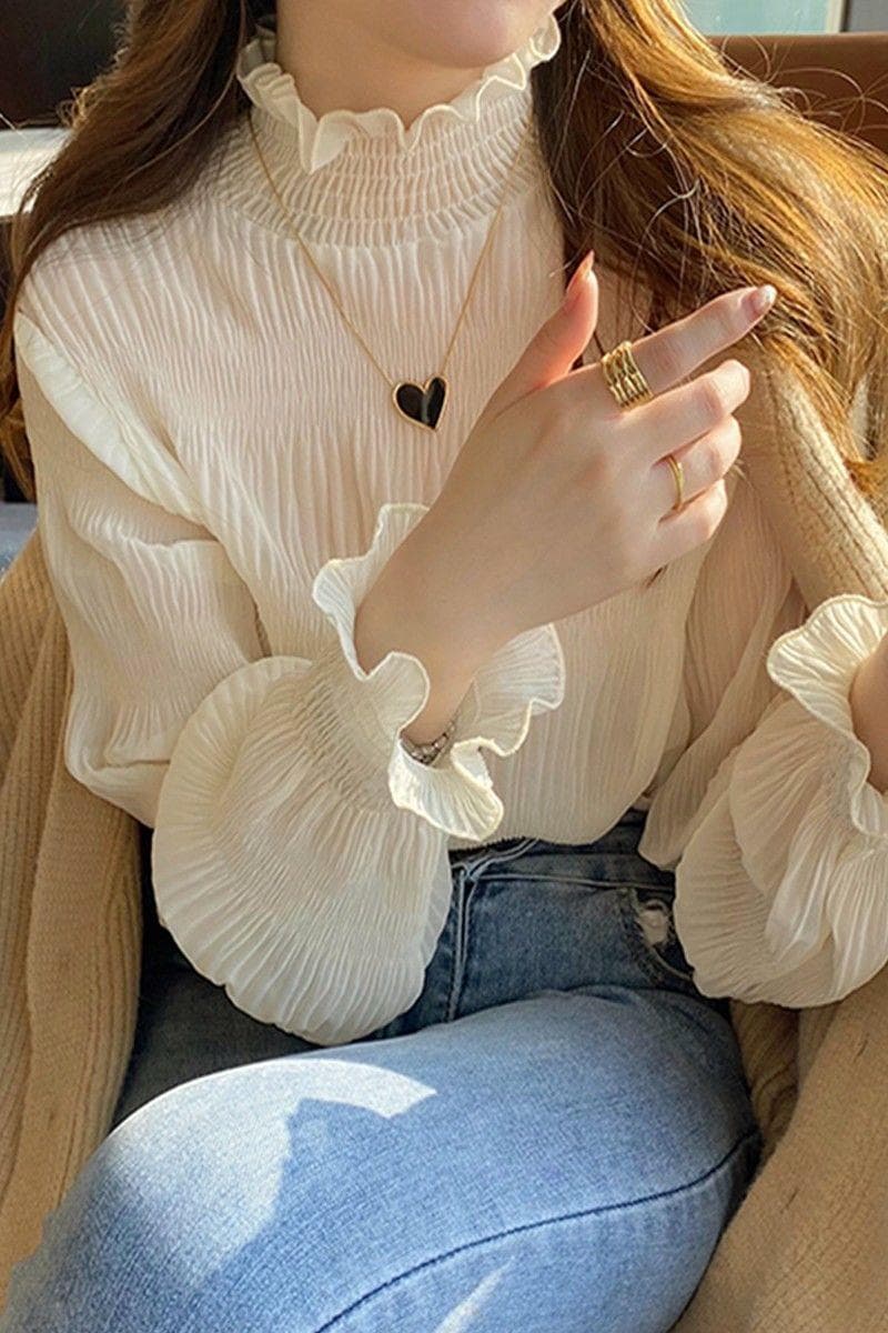 Women's Stand-Collar Apricot Lace Base Layer Top, 2025 Spring/Fall New Fleece-Lined Chiffon Lace Top