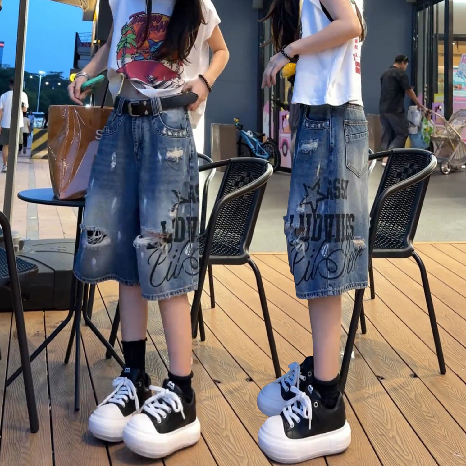 Plus Size Ripped Denim Shorts for Women Summer Thin Style 2026 New American Style Mid-Length Shorts for Fat Girls High Waist Slimming Five-Point Shorts
