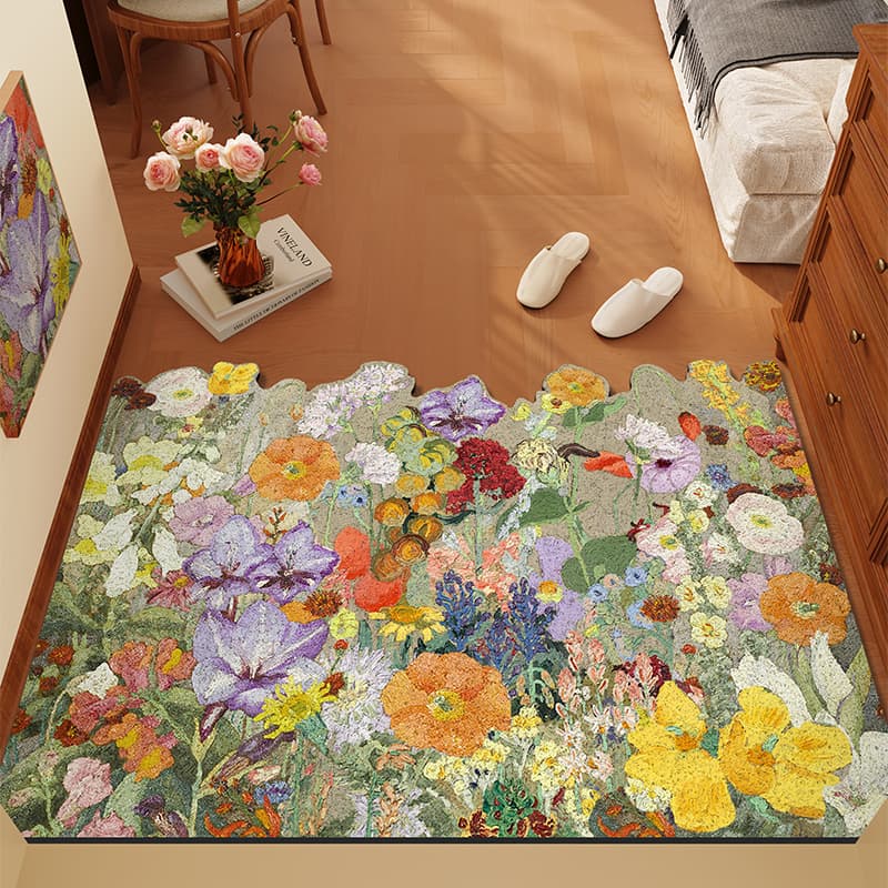 American Oil Painting Flower Entry Door Mat, Home Use Foot Mat for Porch, Dirt-Resistant, Non-Slip, Scrape Mud and Dust Mat