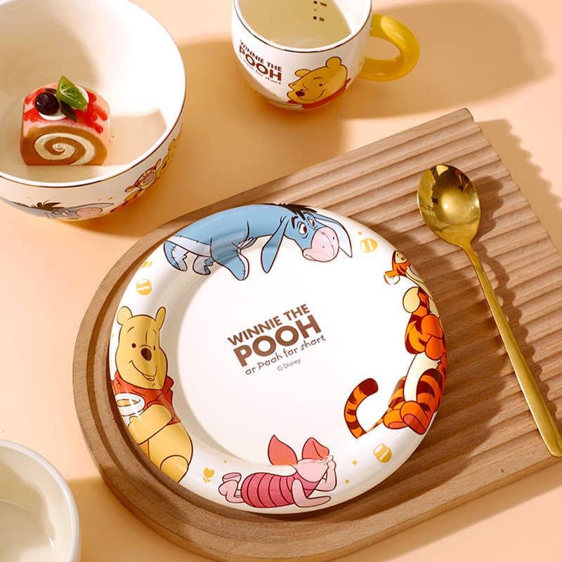 Disney Strawberry Bear Winnie Stitch Fruit Plate Household Ceramic Tableware Rough Edge Round Plate for Food and Rice High Aesthetic Value
