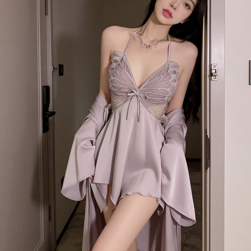 Sexy Lace Camisole Sleepwear with Padded Push-Up Bra, Bow Detail, Robe Set, Ice Silk Homewear