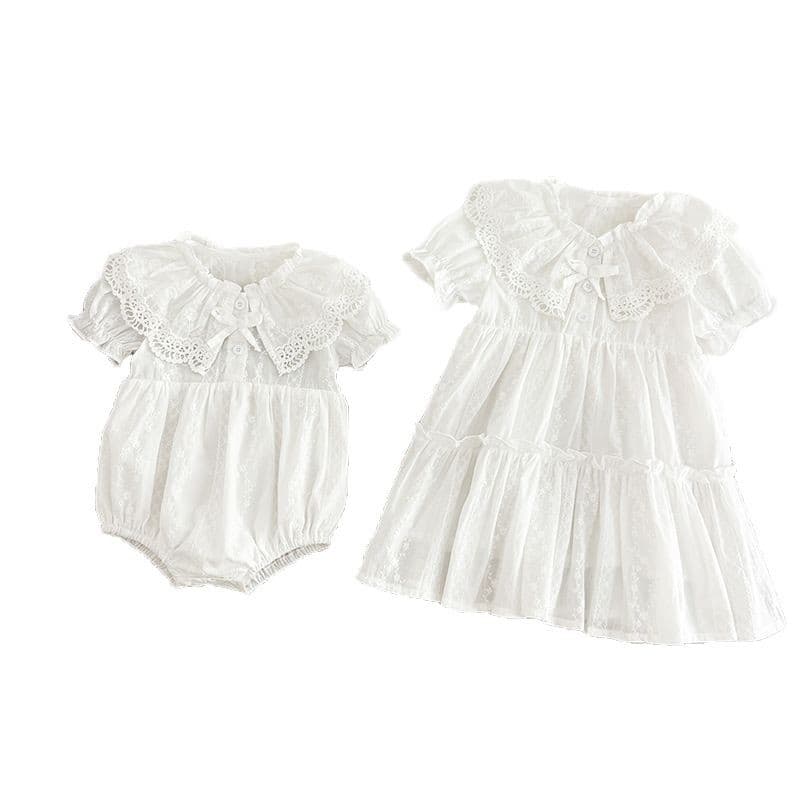 Summer new girls' dress with lapel lace bodysuit, short-sleeved princess dress, Korean style matching outfit