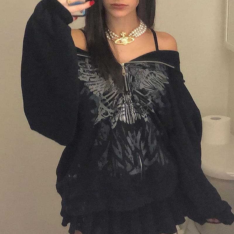 European and American Casual Butterfly Retro Printing Zipper Long Sleeve Hooded Sweater Cardigan Jacket Women-FD86831127