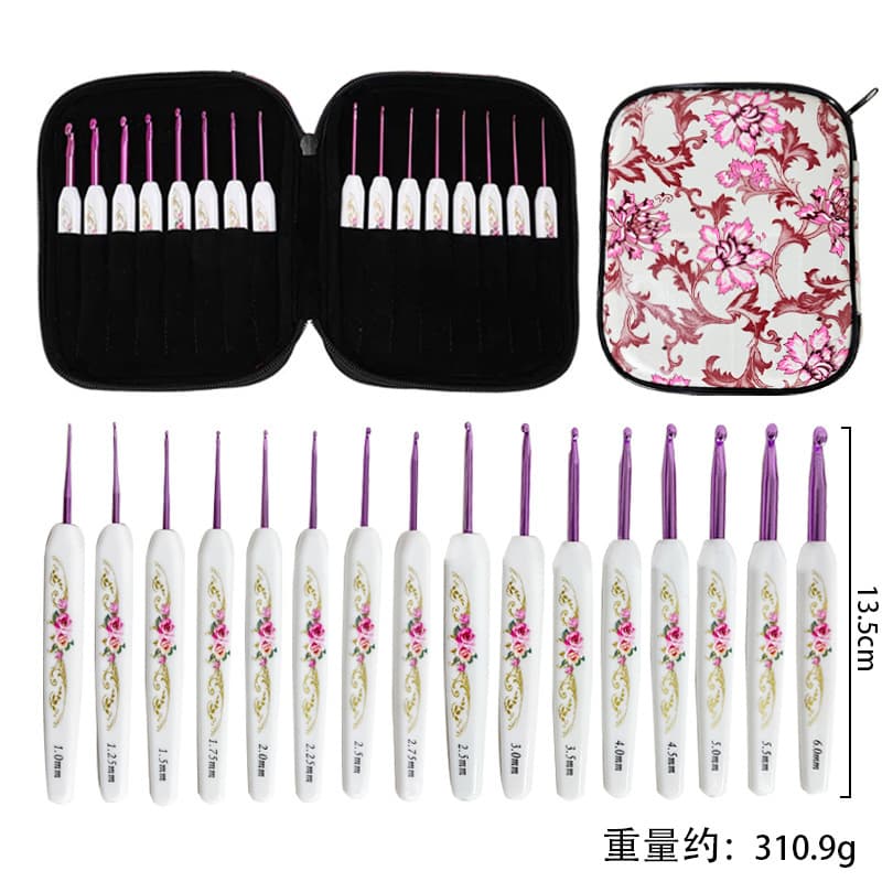 Set of 16 Crochet Hooks with ABS Plastic Handle and Printed Aluminum Tips, Full Range from Fine to Thick, Factory Direct