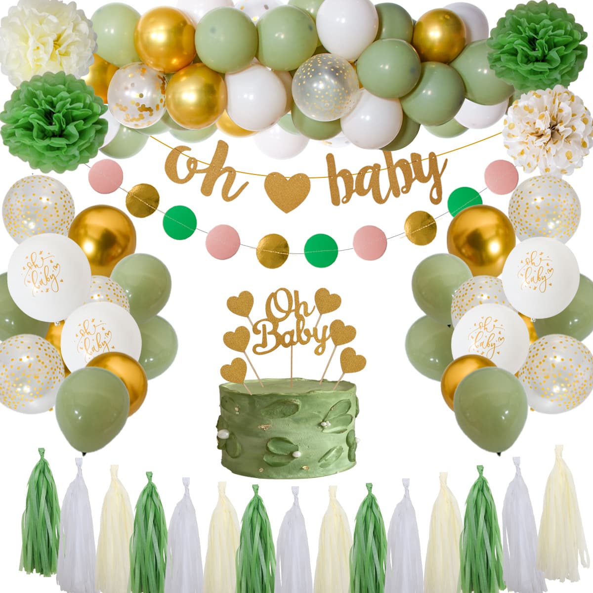 Baby Shower Balloon Set Birthday Party Flag Balloon Decorative Background Atmosphere Arrangement Latex Round Balloons White Green