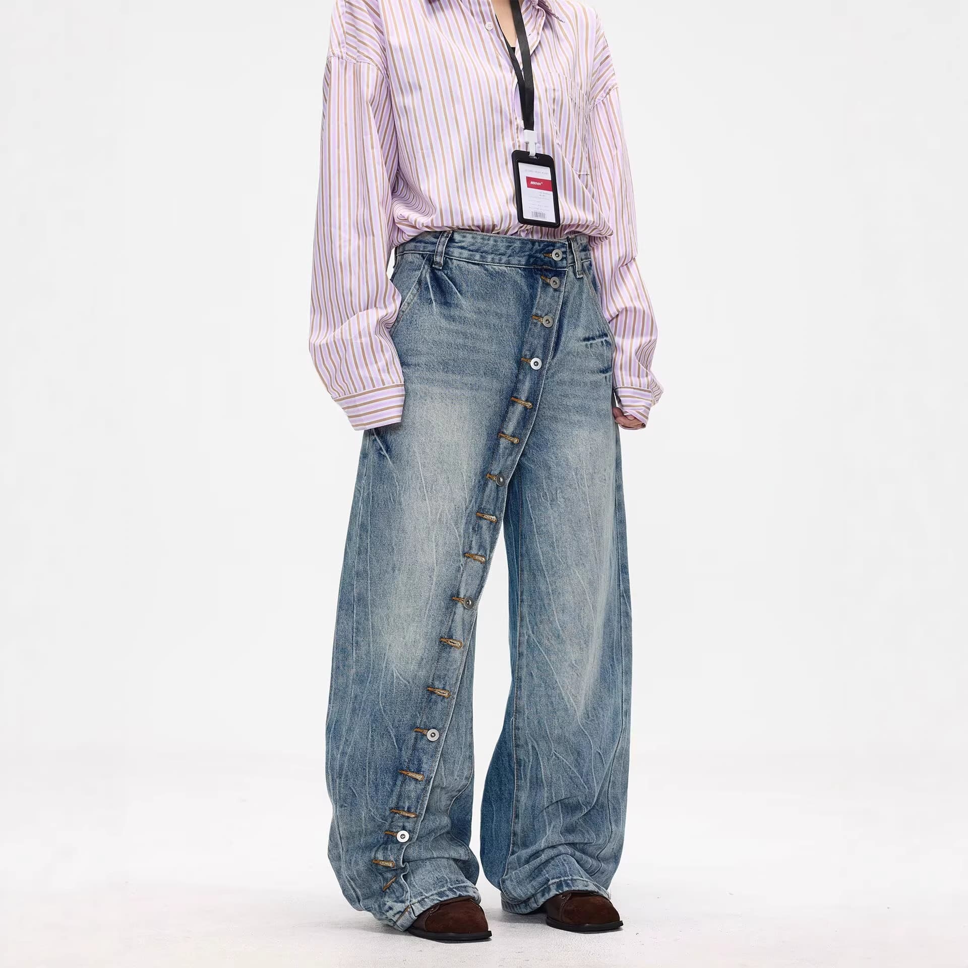 American Vintage Washed Asymmetric Button Straight-Leg Jeans for Women, Designer Casual Loose-Fit Wide-Leg Pants