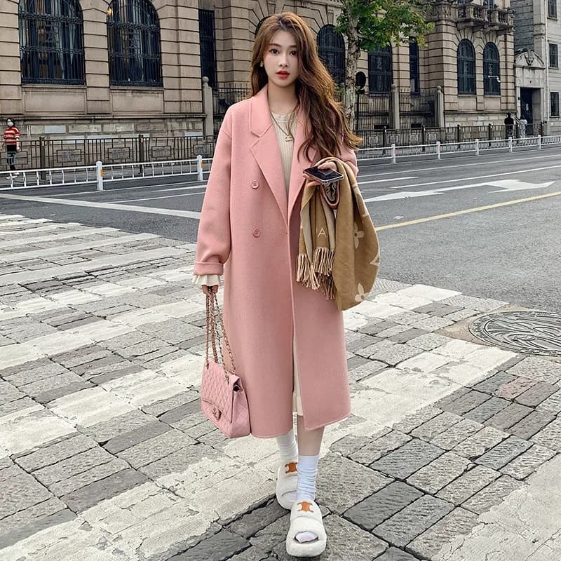 Pink Wool Coat for Women 2025 Fall/Winter New Style Korean Loose Mid-Length Audrey Hepburn Style Woolen Overcoat