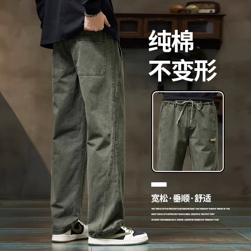 Fleece-Lined Thickened Casual Pants for Men 2025 Winter Straight-Leg Long Pants Men's Pure Cotton Cargo Long Trousers Men's Autumn and Winter Style